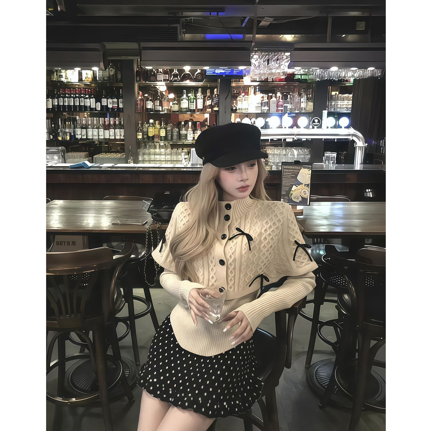 赫本风斗篷披肩蝴蝶结高领长袖打底针织衫女波点收腰包臀裙子套装,女装/女士精品,时尚套装,淘宝优惠券,粉丝福利购,淘宝优惠卷