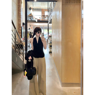 法式黑色交叉挂脖吊带背心V领上衣女新款宽松休闲阔腿长裤子套装