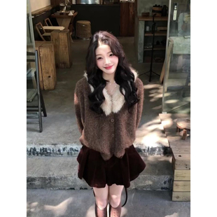 两件套装 灯芯绒高腰百褶裙裤 毛衣女秋冬新款 慵懒风毛毛领针织开衫