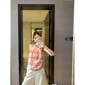 温柔风抽绳露肩抹胸背心女新款 撞色格纹无袖 减龄显瘦外穿百搭上衣