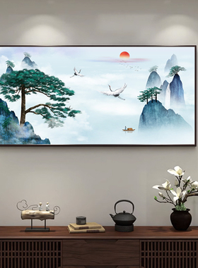 迎客松山水画客厅挂画国画沙发风景背景墙壁画新办公室装饰画