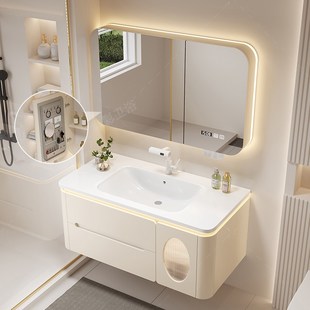 全橡木烤漆圆弧浴室柜陶瓷一体盆奶油风洗手盆柜洗漱台