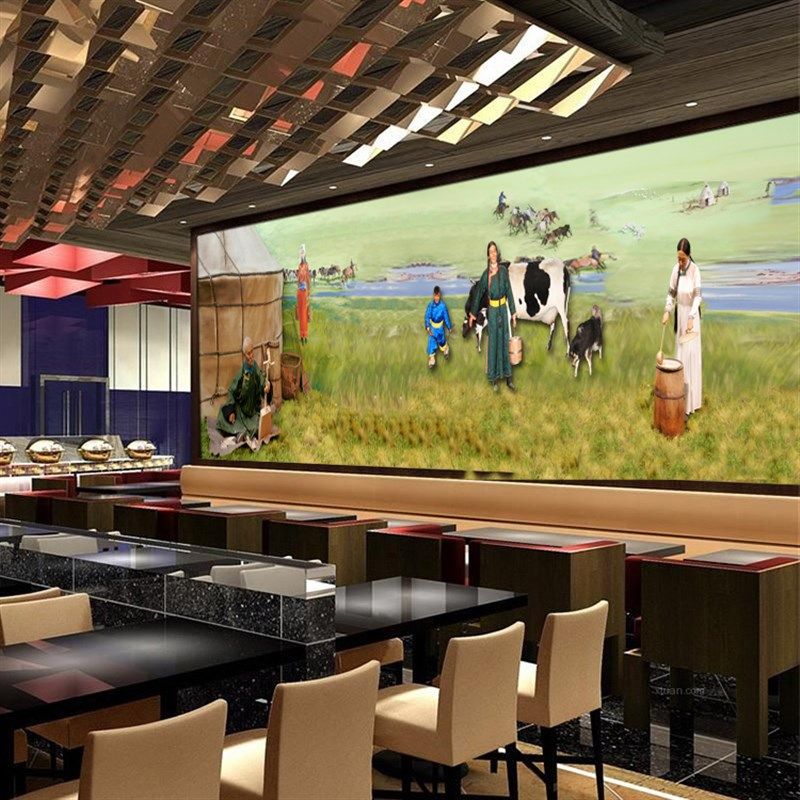 内蒙特色壁画客厅背景墙壁纸草原牧民生活场景饭店蒙古包墙纸
