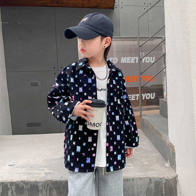 男童春装破洞格子衬衫外套2024新款中大儿童装男孩春秋时髦夹克潮