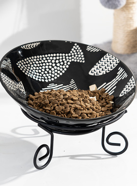 黑色鱼猫碗陶瓷高颜值猫食盆黑碗狗碗高脚喝水碗宠物猫粮碗狗狗食