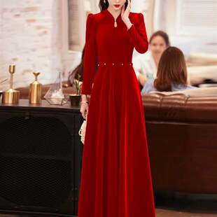 复古风敬酒服新娘旗袍红色订婚礼服连衣裙回门宴结婚长袖冬季年会