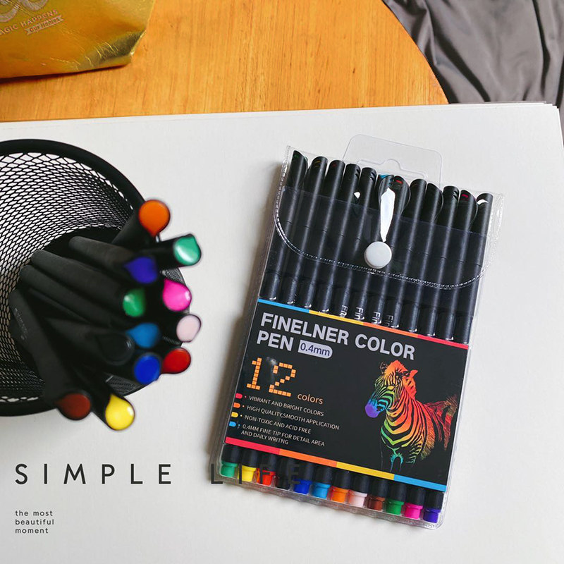 手抄报12色描边笔0.4mm极细彩色手账笔学生用美术勾线笔绘画套装