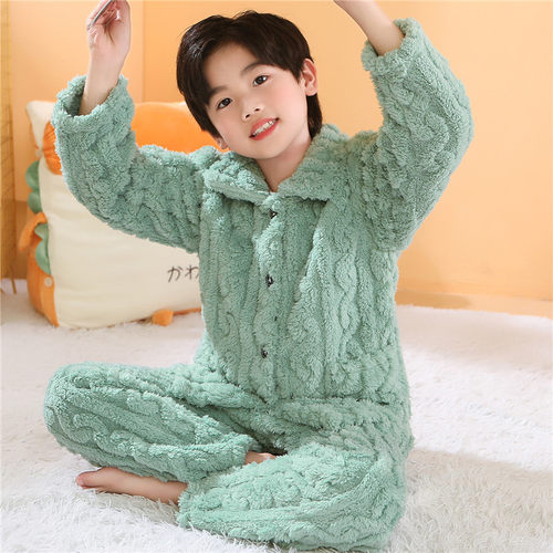 儿童睡衣冬季加绒加厚男童女童中大童法兰绒宝宝珊瑚绒家居服套装