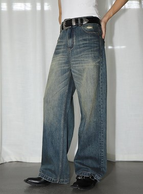 LEONSENSE力上司 新款纯棉复古怀旧水洗中性风A型牛仔裤长裤百搭