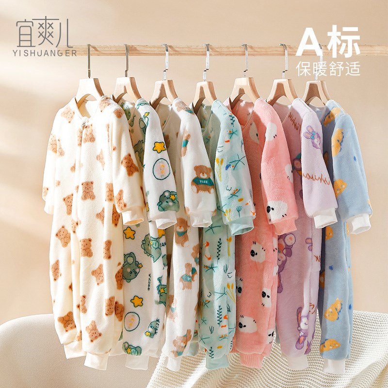 婴儿童睡袋法兰绒秋冬季加绒加厚珊瑚绒男女宝宝连体家居服防踢被