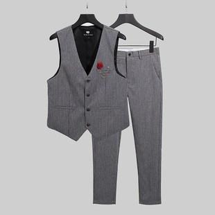 背心跳舞演出服马夹套装 马甲二件套婚礼伴郎礼服西式 西装 条纹男士