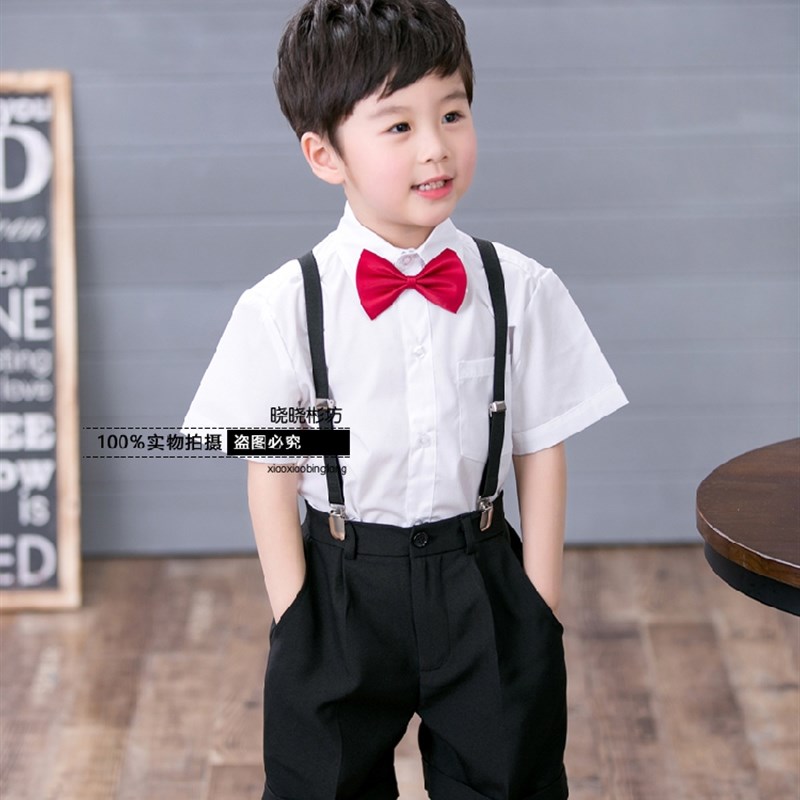 男童表演服背带西裤白色短袖衬衫西装黑短裤 儿童礼服套装演出
