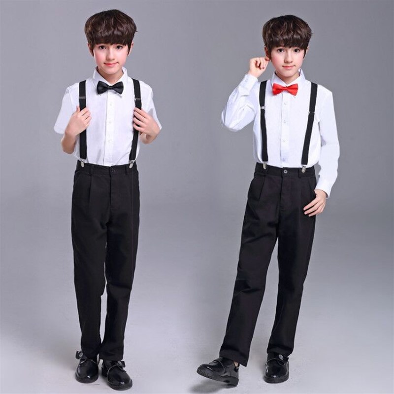 男童礼服套装男孩演出主持人纯棉白衬衫短袖黑西裤背带裤六一夏季