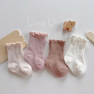 新生婴儿儿袜子春秋纯棉无骨胎袜松口木耳边初生宝宝不勒腿中筒袜