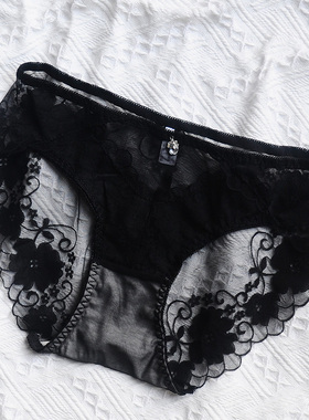 5新款黑色蕾丝内裤女纯棉裆透气中腰无痕性感薄款大码网纱三角裤