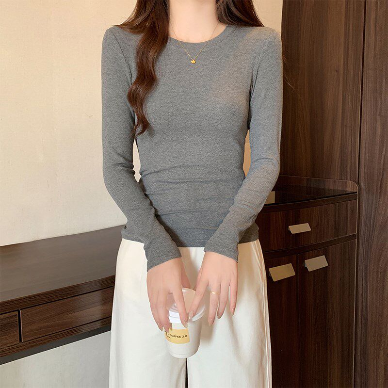 灰色小圆领打底衫女2024新款秋冬季内搭修身紧身长袖洋气针织上衣