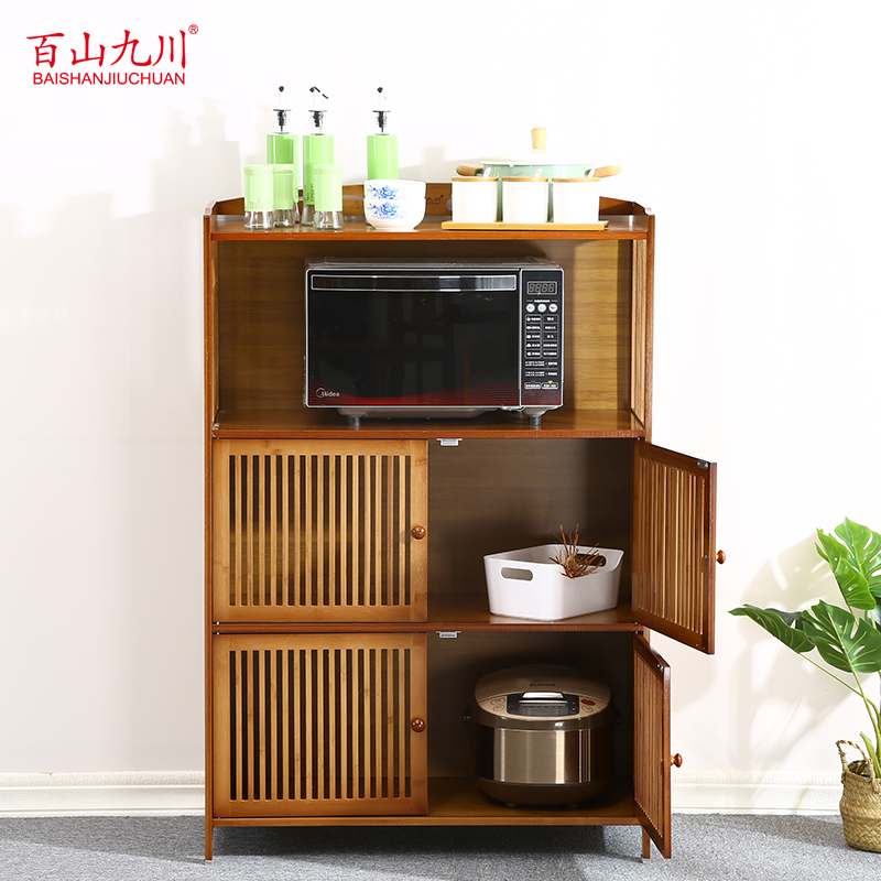 楠竹微波炉架子置物架厨房用品落地带门抽屉收纳层架特厚烤箱架子