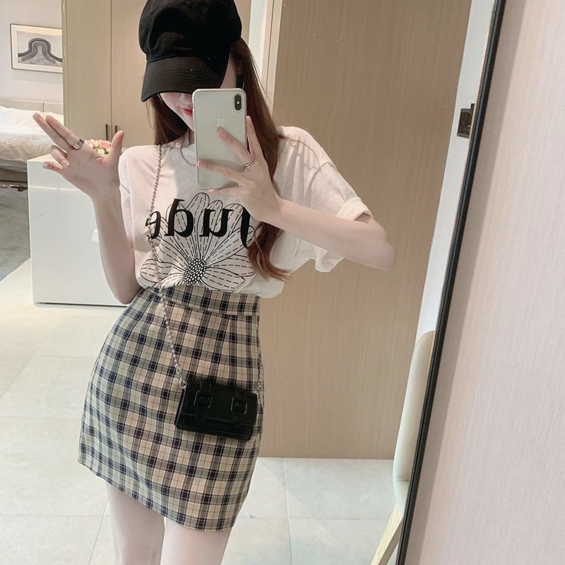 夏季新款时尚套装女高腰显瘦格子半身裙a字型气质女神范网红整套