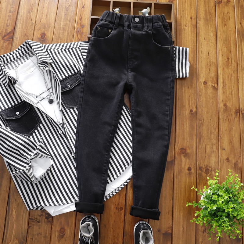 男童黑色瘦版牛仔裤 中大童秋款皮筋腰带长裤 儿童修身牛仔小脚裤