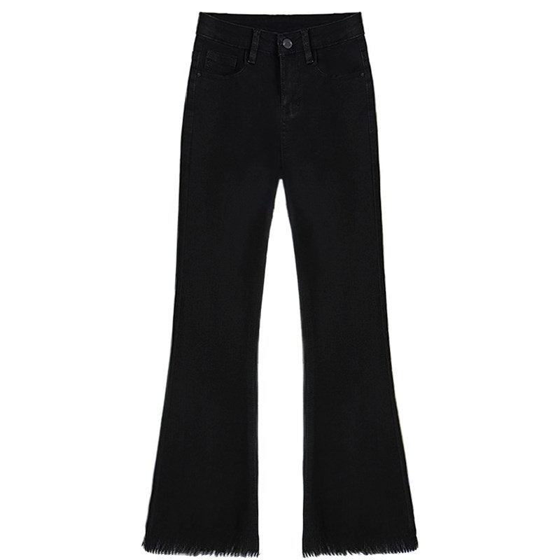 黑色微喇毛边牛仔裤女夏季新款胖妹妹mm高腰弹力显瘦梨形身材裤子