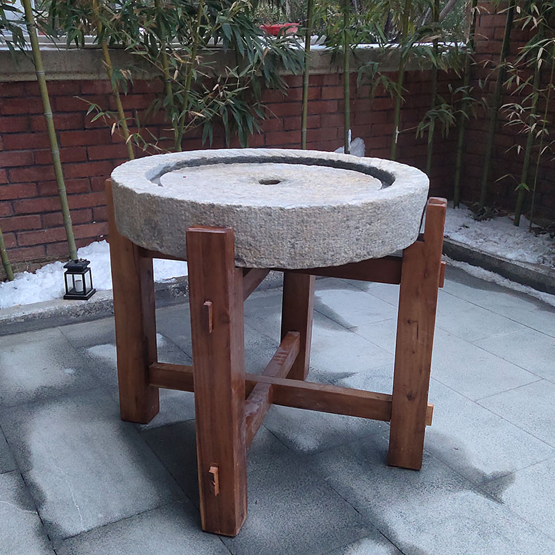 老石器旧石磨茶台老式家用老石磨碾盘木架流水茶桌庭院复古石磨桌