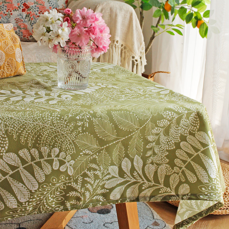 美式小清新餐桌布防水防油茶几台布绿色树叶书桌盖布长方形圆布艺