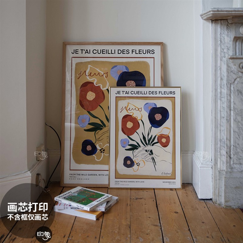 印象视觉复古法式植物花卉海报装饰画心客厅餐厅卧室小众文艺插画