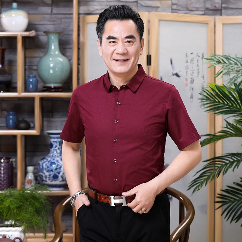 本命年爸爸短袖装婚宴礼服中年新娘结婚宴会岳父衬衣父亲装婚庆男