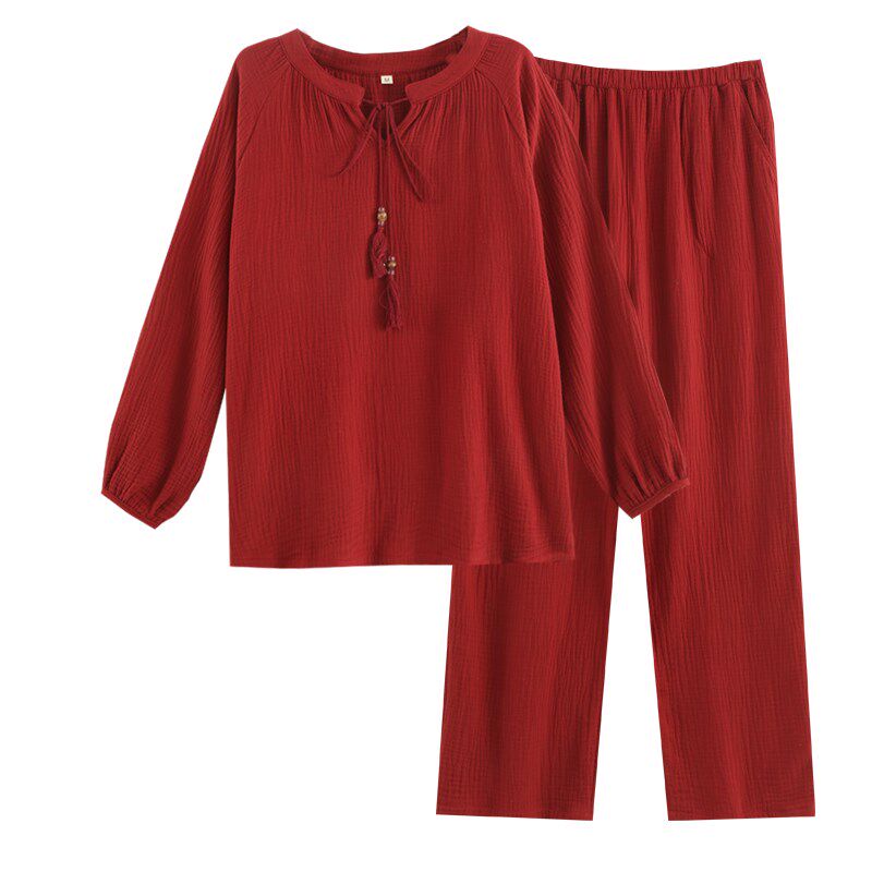 本命年新年红色国风睡衣女士春秋夏季纯棉纱布薄款长袖家居服套装