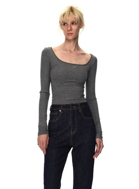 EMPTY PAGE黑/灰色U领金属装饰弹力修身打底衫百搭显瘦内搭T恤