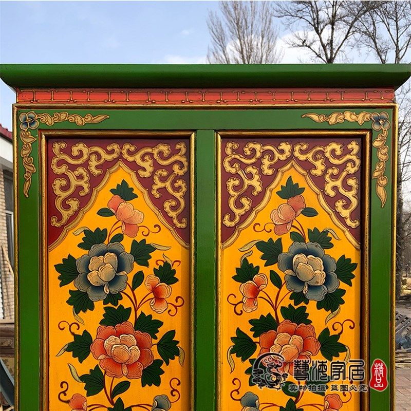 藏式彩绘实木衣柜做旧家具多层立柜简约佛柜鞋柜中式仿古收纳高柜