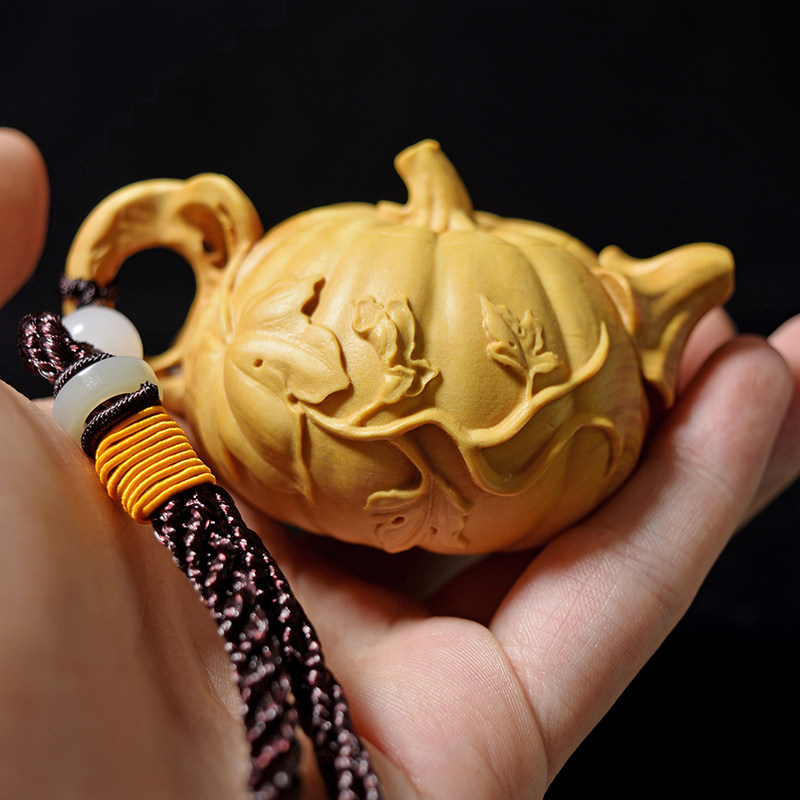 小叶黄杨木雕手把件家装小摆件茶宠文玩把玩实木雕刻工艺品南瓜壶