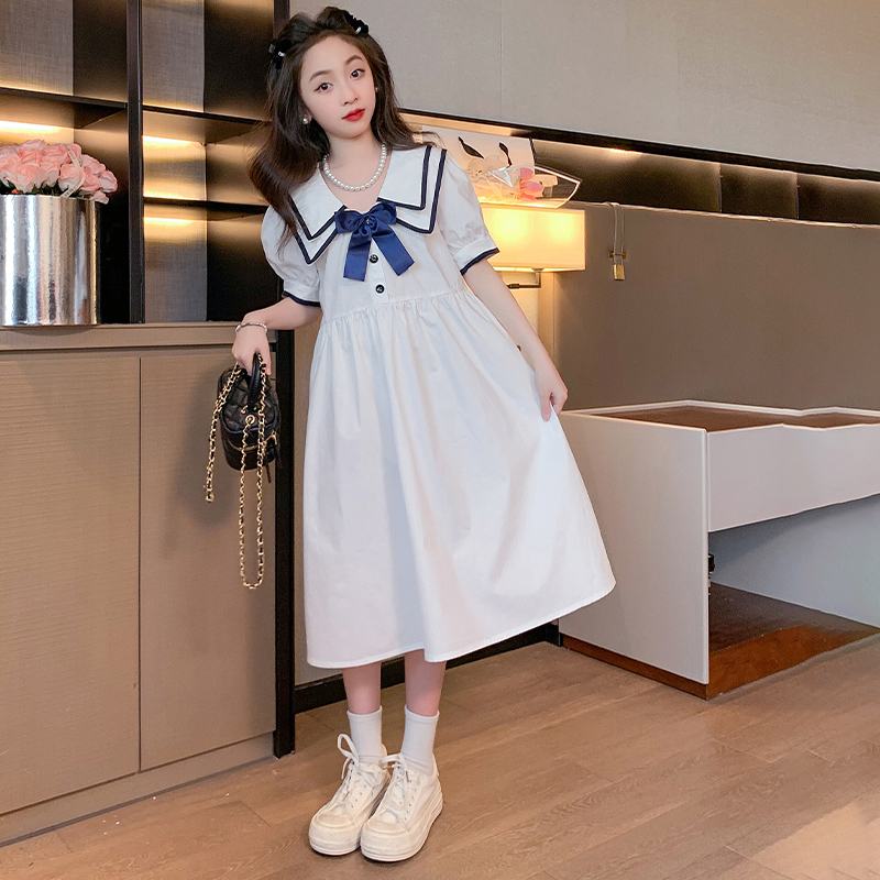 女童学院风连衣裙2023夏季新款中大童洋气夏装儿童女孩休闲长裙子