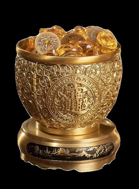 金钱缸黄铜铜缸摆件招财进宝水晶元宝客厅办公室装饰开业乔迁礼品