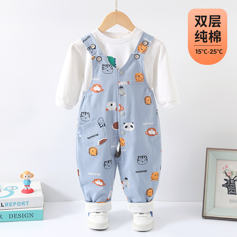 婴儿背带裤春秋双层纯棉一岁女宝春季裤子1岁6一12月开裆裤男宝宝