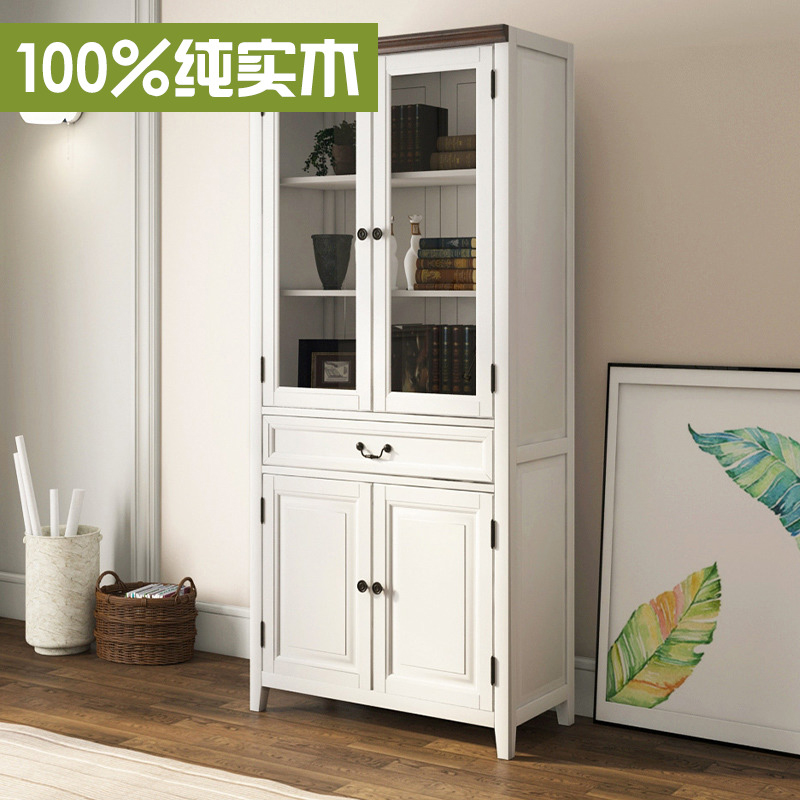 白色田园实木书柜书架自由组合美式乡村书橱书房玻璃门酒柜储物柜