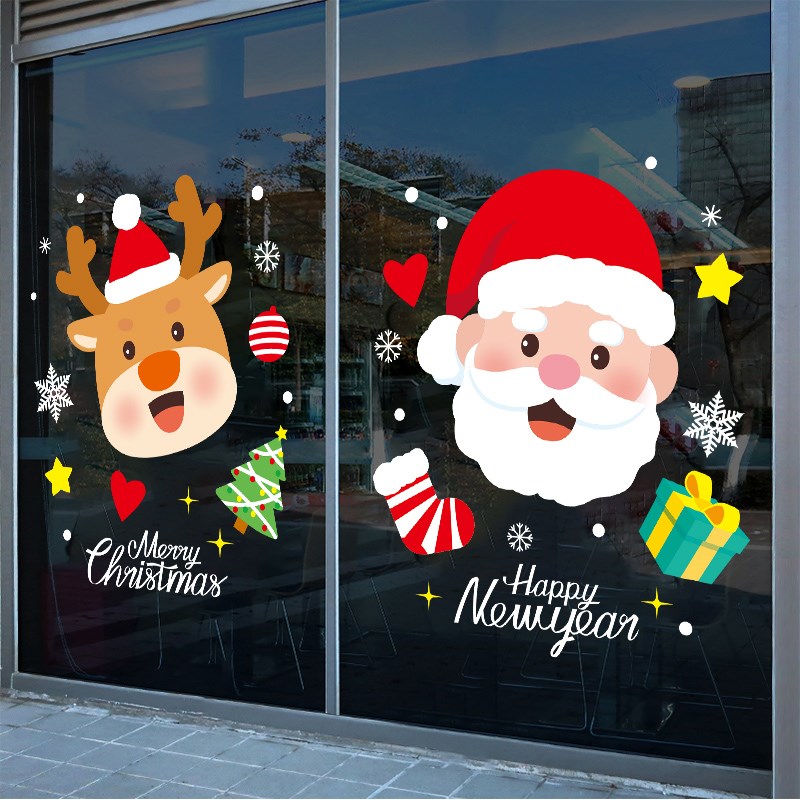 圣诞装饰品商场店铺活动布置玻璃橱窗静电贴画圣诞老人门贴窗花贴