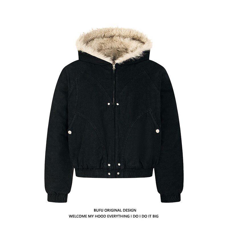 亿万少年BUFU短款毛领连帽夹克棉服外套男女款冬季座山雕加厚棉衣