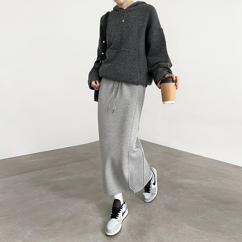 灰色冬季半身裙女2024新款高级感包臀一步裙直筒加绒加厚长款卫裙