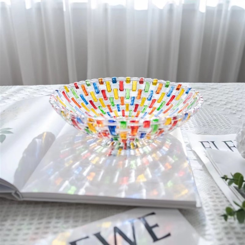 手绘彩色玻璃糖果罐编织纹彩绘果盘时尚高级创意水果盘