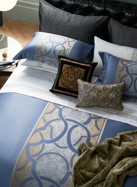 意式轻奢140S双股匹马棉四件套别墅样板房床上用品蓝色欧式被套简