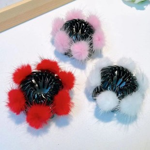 女童新秋冬貂绒毛球鸟巢丸子头抓夹盘发器快速花苞头固定鸟巢发圈