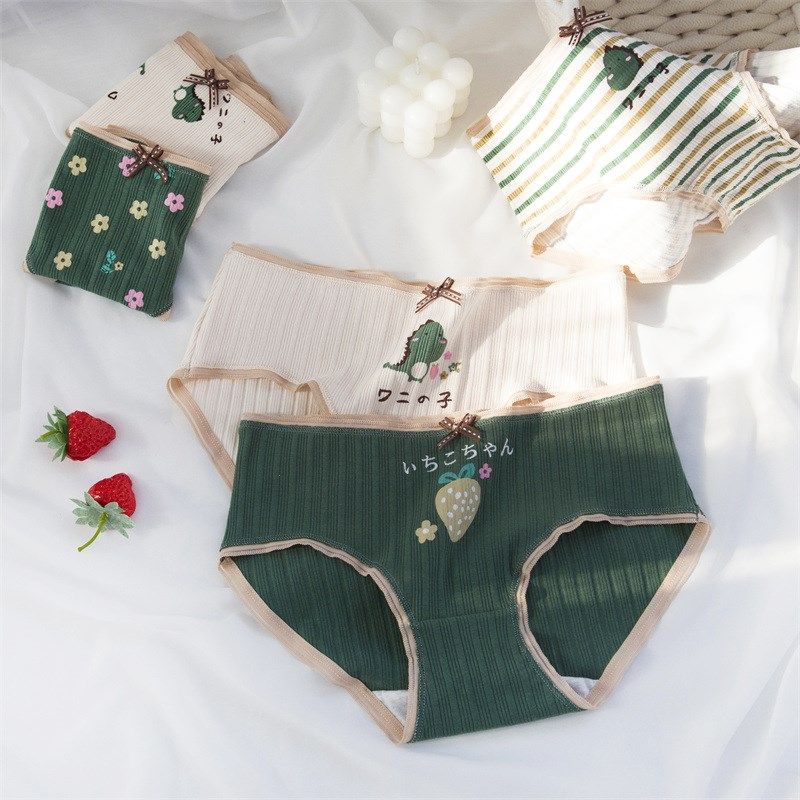 5条 墨绿草莓可爱小恐龙纯棉内裤卡通少女学生女孩透气中腰短裤,女士内衣/男士内衣/家居服,女三角裤,淘宝优惠券,粉丝福利购,淘宝优惠卷