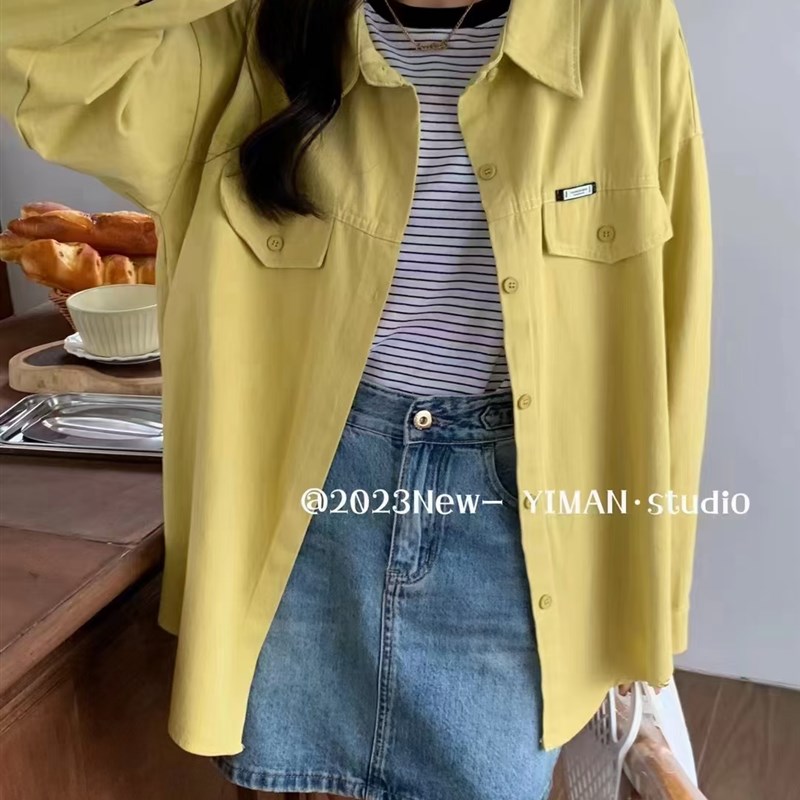 复古港风牛仔衬衫外套女薄款2023春秋新款宽松衬衫外穿中长版上衣