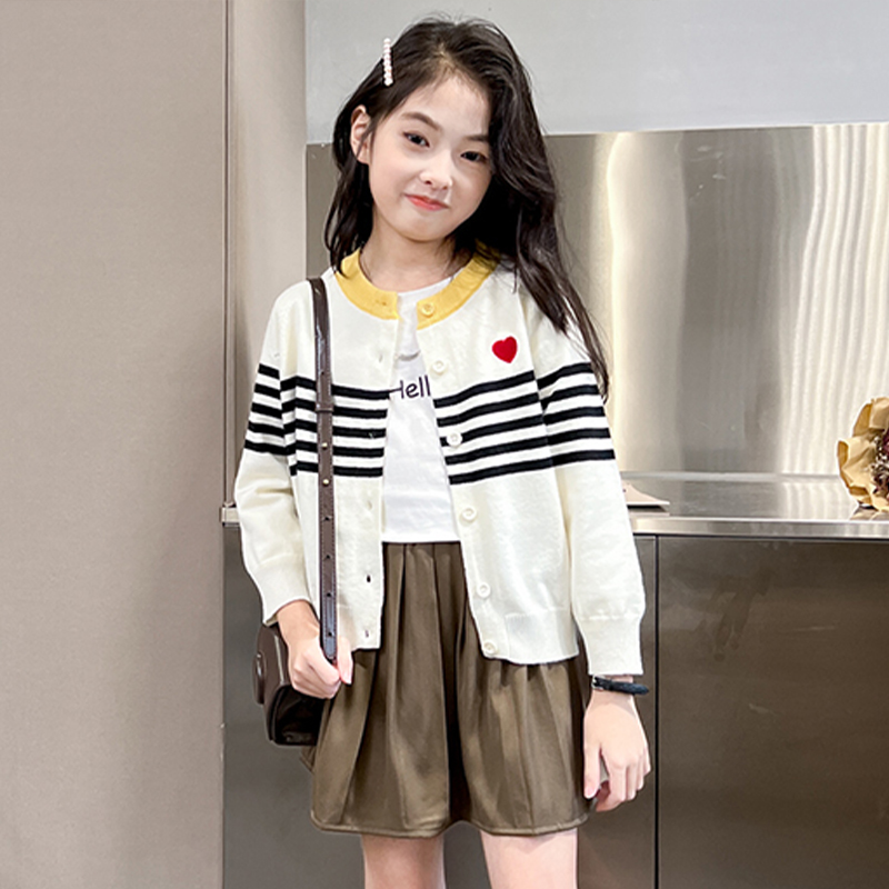 女童外套春秋款2023新款秋季儿童针织开衫毛衣女宝宝条纹上衣秋冬