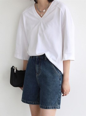 CV大码女装 潮酷复古高腰明线水洗直筒深蓝色牛仔裤短裤夏季新款