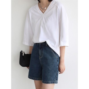 CV大码女装 潮酷复古高腰明线水洗直筒深蓝色牛仔裤短裤夏季新款