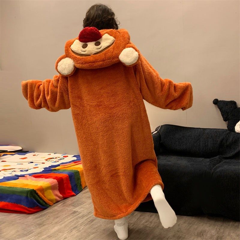 跳跳虎珊瑚绒大码睡袍冬季女加厚连帽睡衣连体情侣睡袋睡裙长款男