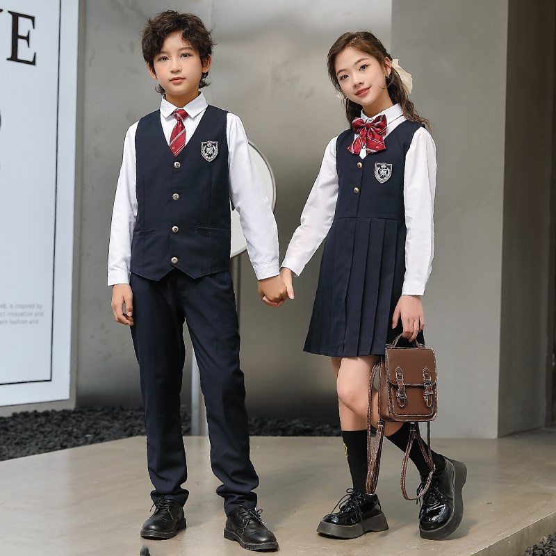 儿童英伦学院风jk小学生班校礼服女背心裙马甲演出男灰色春秋套装