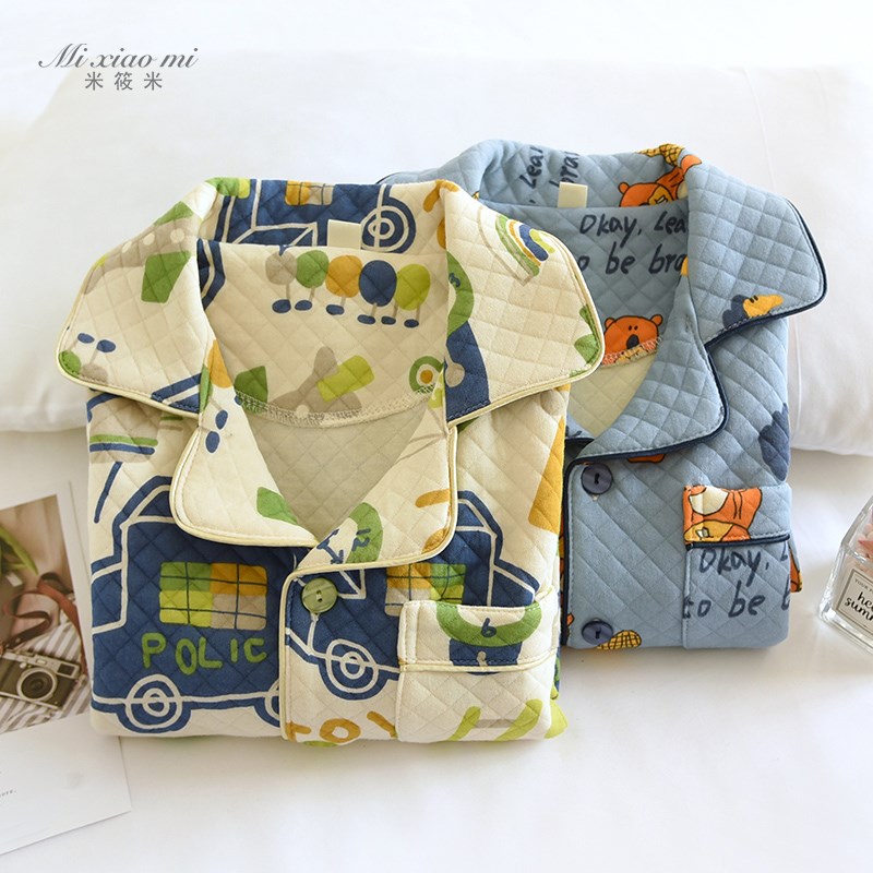 米筱米儿童秋冬纯棉空气层三层夹棉睡衣男孩加厚恐龙全棉家居服